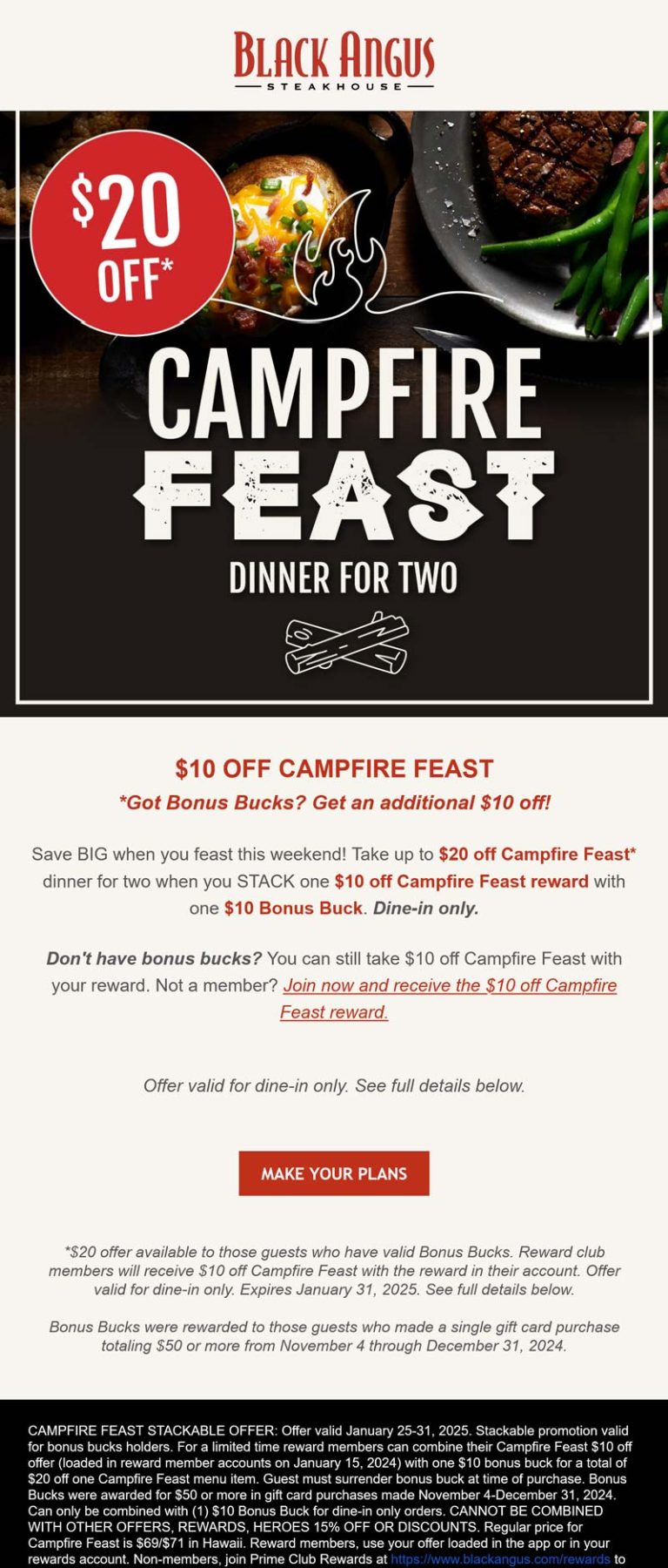 $20 off campfire feast at Black Angus steakhouse