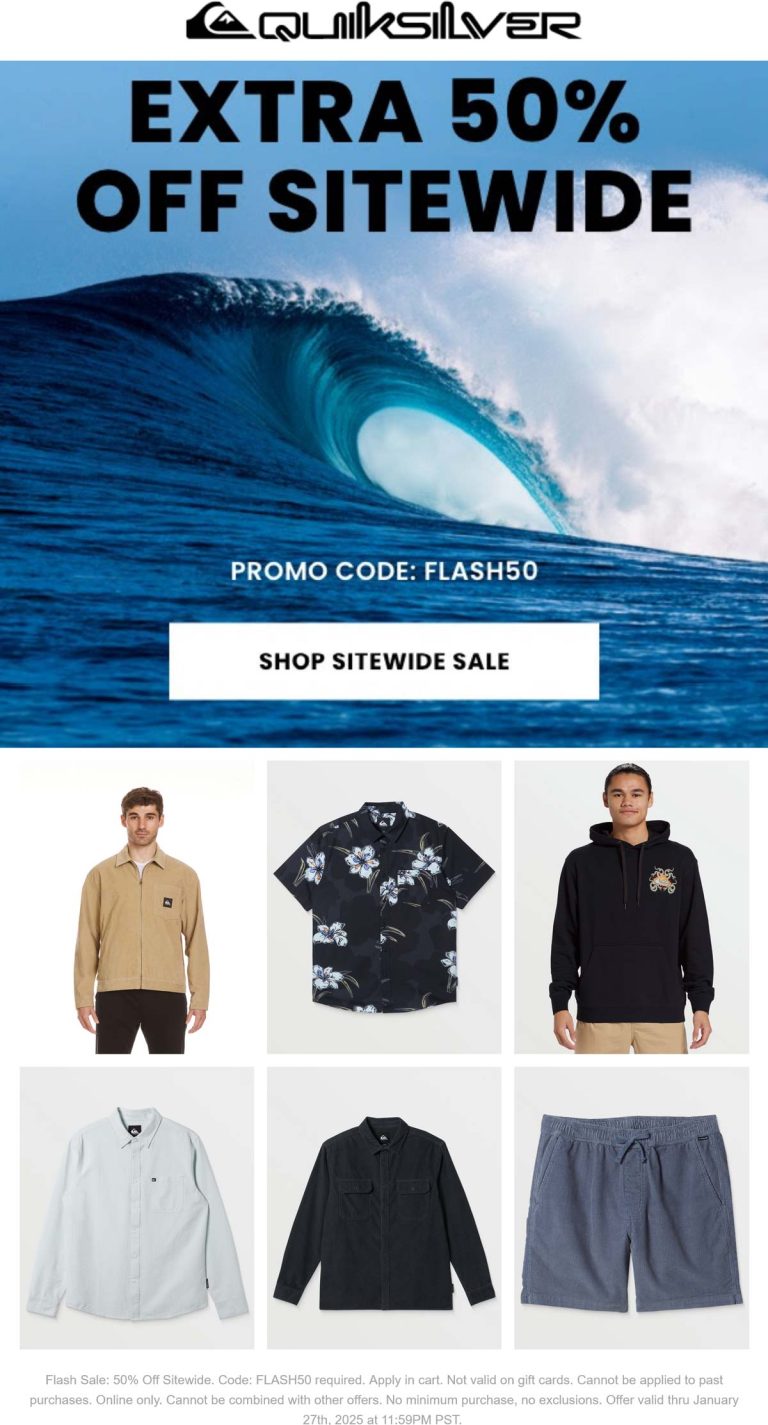 Extra 50% off everything online at Quiksilver
