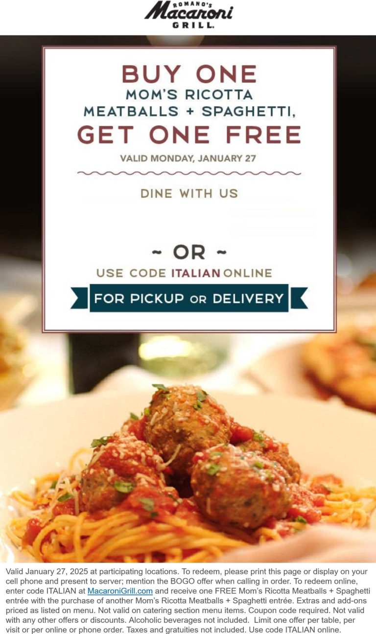 Second ricotta meatballs + spaghetti free today at Macaroni Grill, or online via promo code ITALIAN