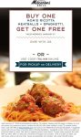 Second ricotta meatballs + spaghetti free today at Macaroni Grill, or online via promo code ITALIAN #macaronigrill