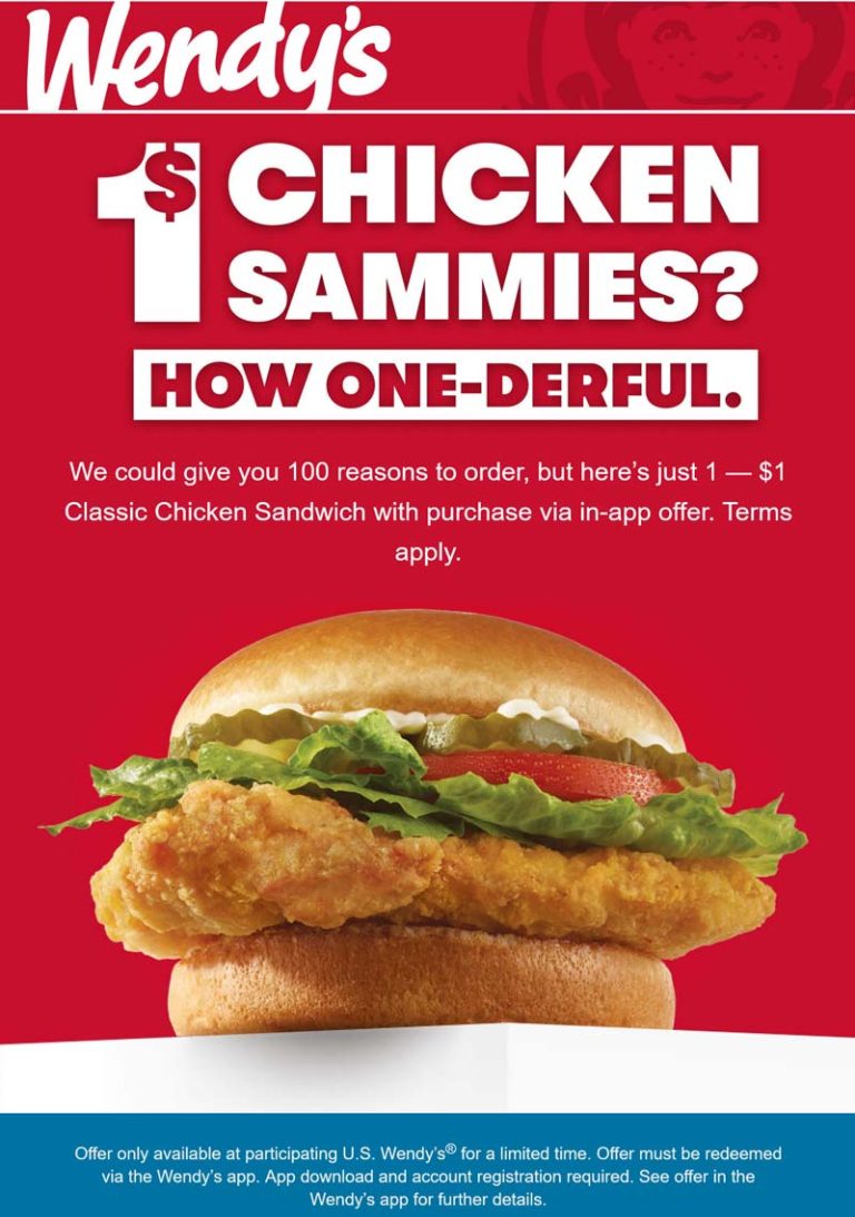 $1 chicken sandwich via mobile at Wendys