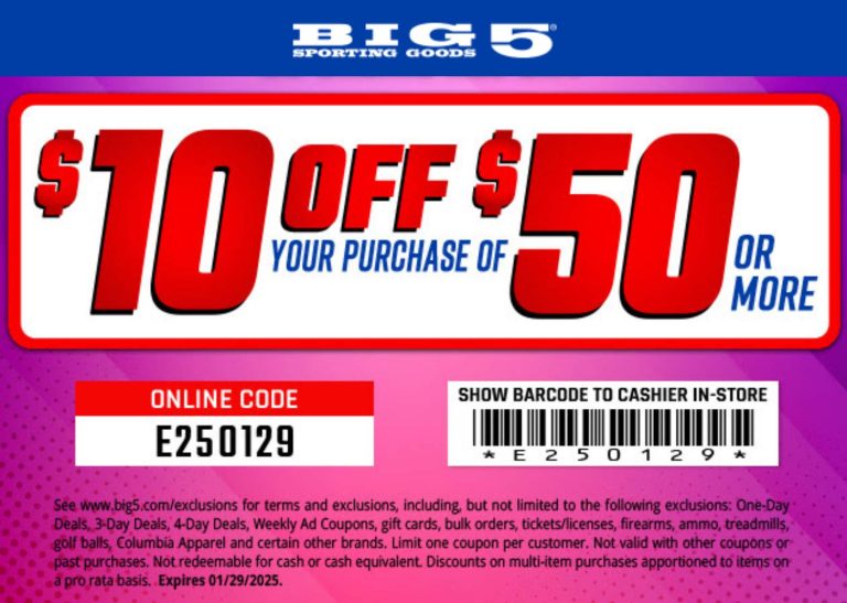$10 off $50 today at Big 5 sporting goods, or online via promo code E250129