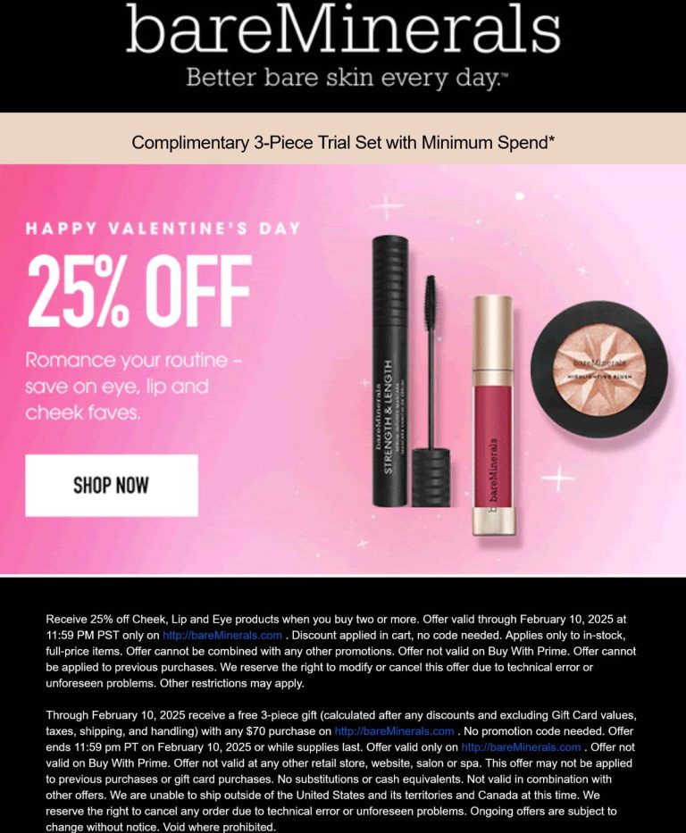 25% off + free 3pc on $70+ online at bareMinerals