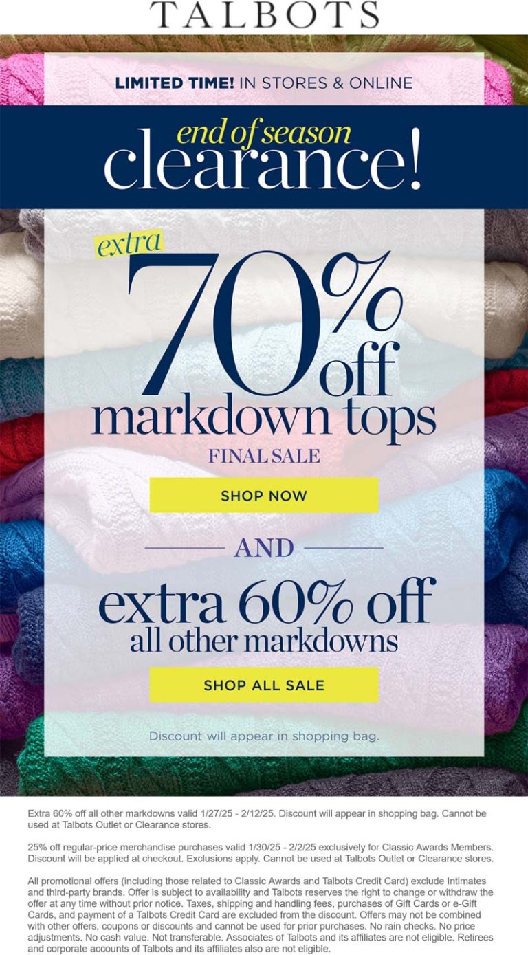 Extra 60-70% off sale items at Talbots, ditto online