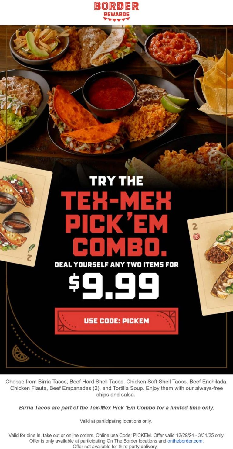 2-item combo meal = $10 at On The Border restaurants via promo code PICKEM
