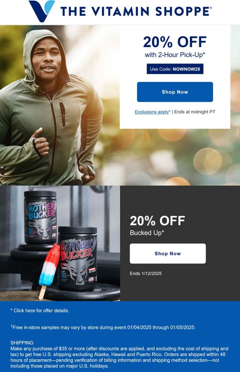 20% off online today at The Vitamin Shoppe via promo code NOWNOW25