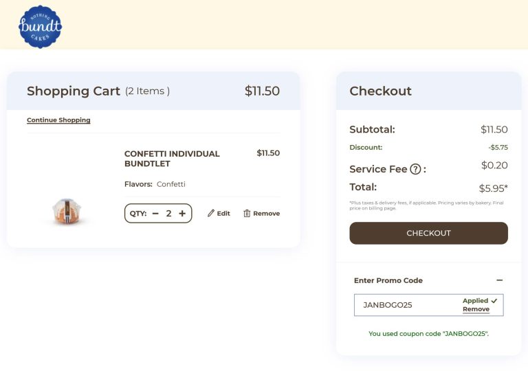 Second bundlet free at Nothing Bundt Cakes via promo code JANBOGO25