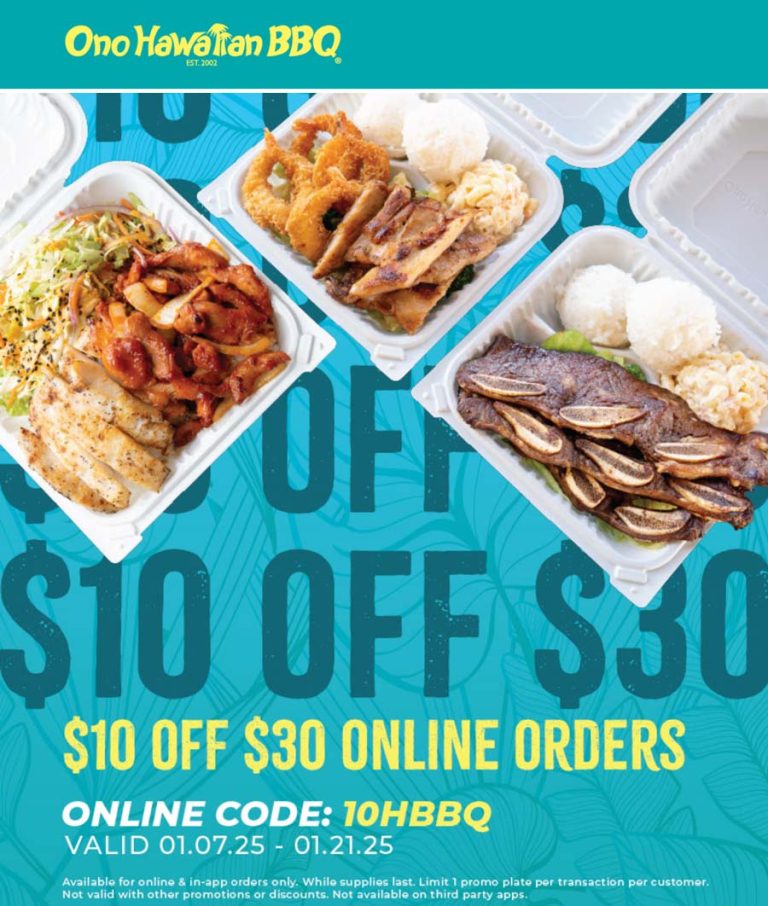 $10 off $30 online at Ono Hawaiian BBQ via promo code 10HBBQ