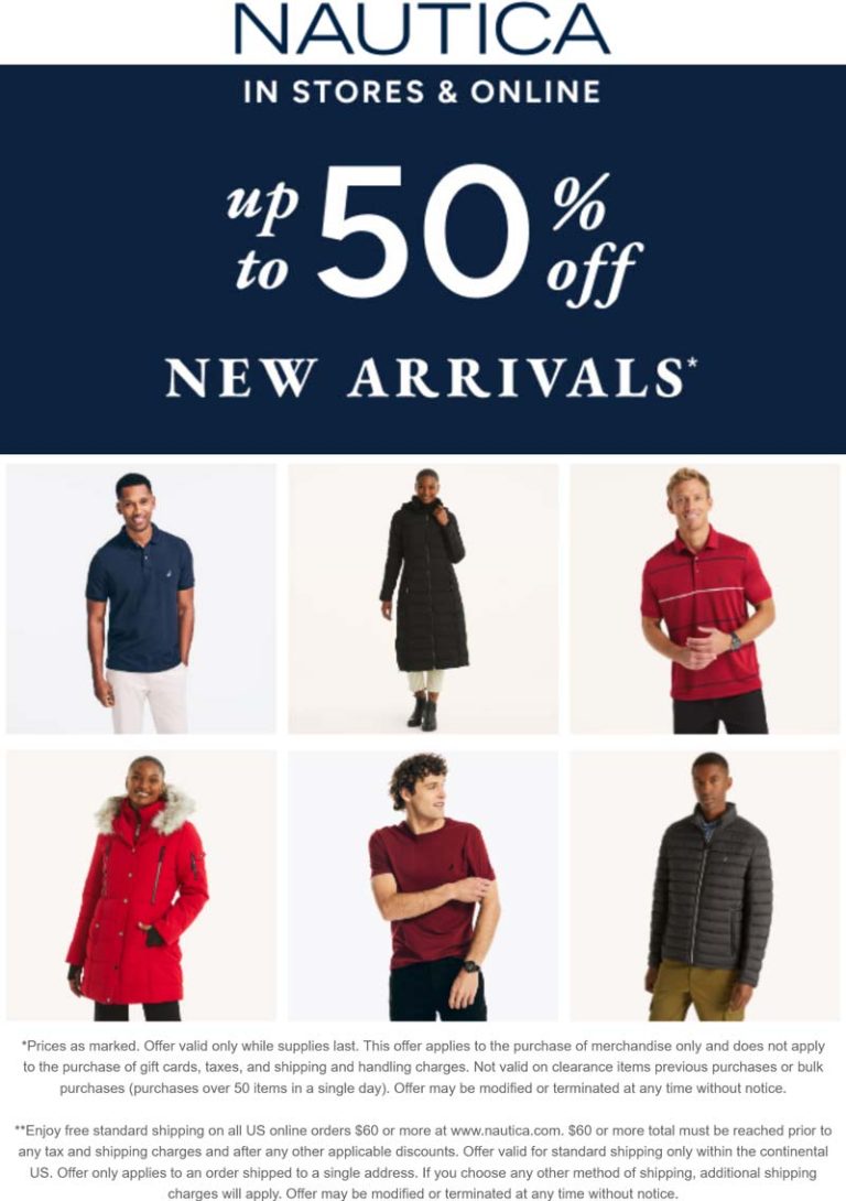 50% off new arrivals at Nautica, ditto online