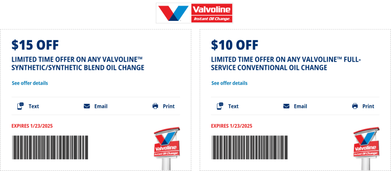 $10-15 off an oil change at Valvoline