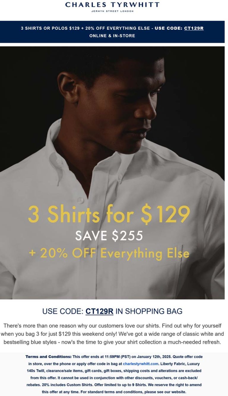 20% off everything at Charles Tyrwhitt via promo code CT129R