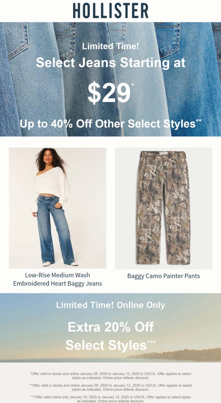 Extra 20% off at Hollister, ditto online