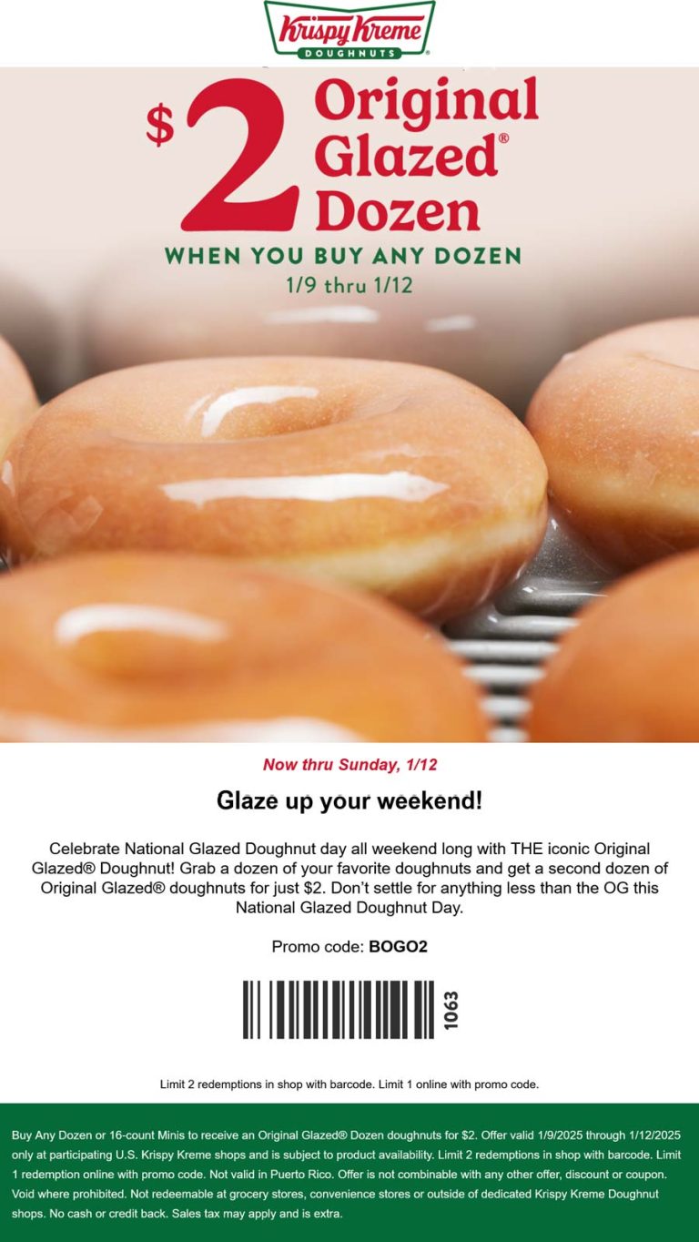 Second dozen doughnuts $2 at Krispy Kreme, or online via promo code BOGO2