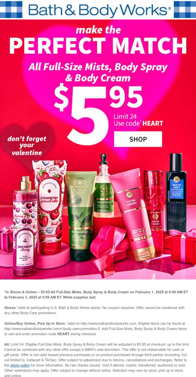 Bath & Body Works coupon: $6 creams, sprays & mists at Bath & Body Works, ditto online