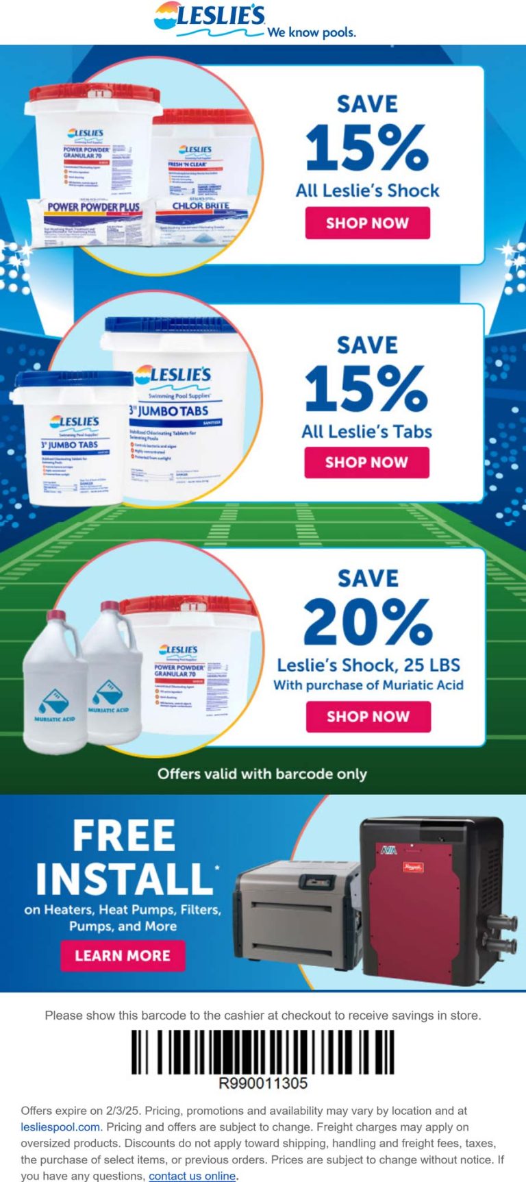 15-20% off tabs & shock at Leslies pool supplies