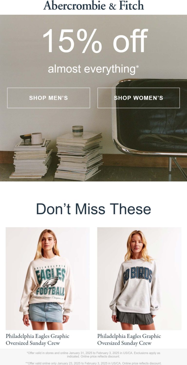 Abercrombie & Fitch coupon: 15% off today at Abercrombie & Fitch