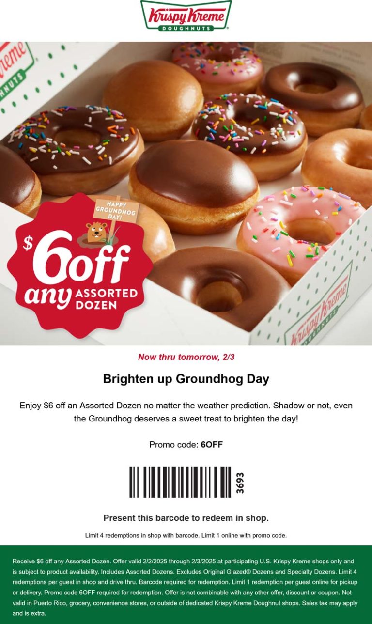 $6 off an assorted dozen doughnuts today at Krispy Kreme, or online via promo code 6OFF