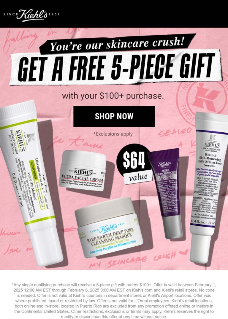 Free $64 5pc on $100 at Kiehls, ditto online