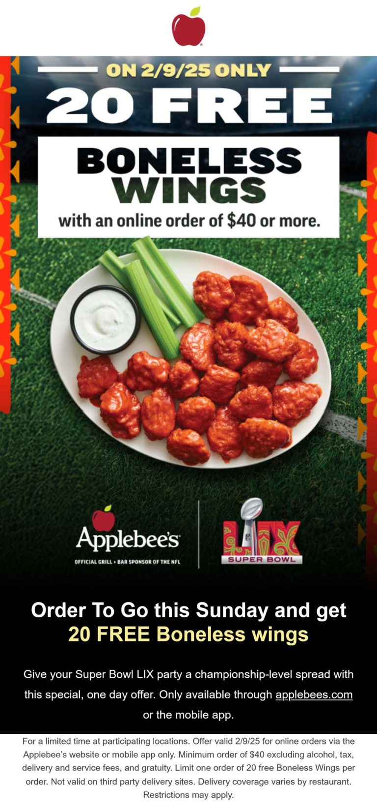 20 free boneless wings on $40 Monday at Applebees restaurants