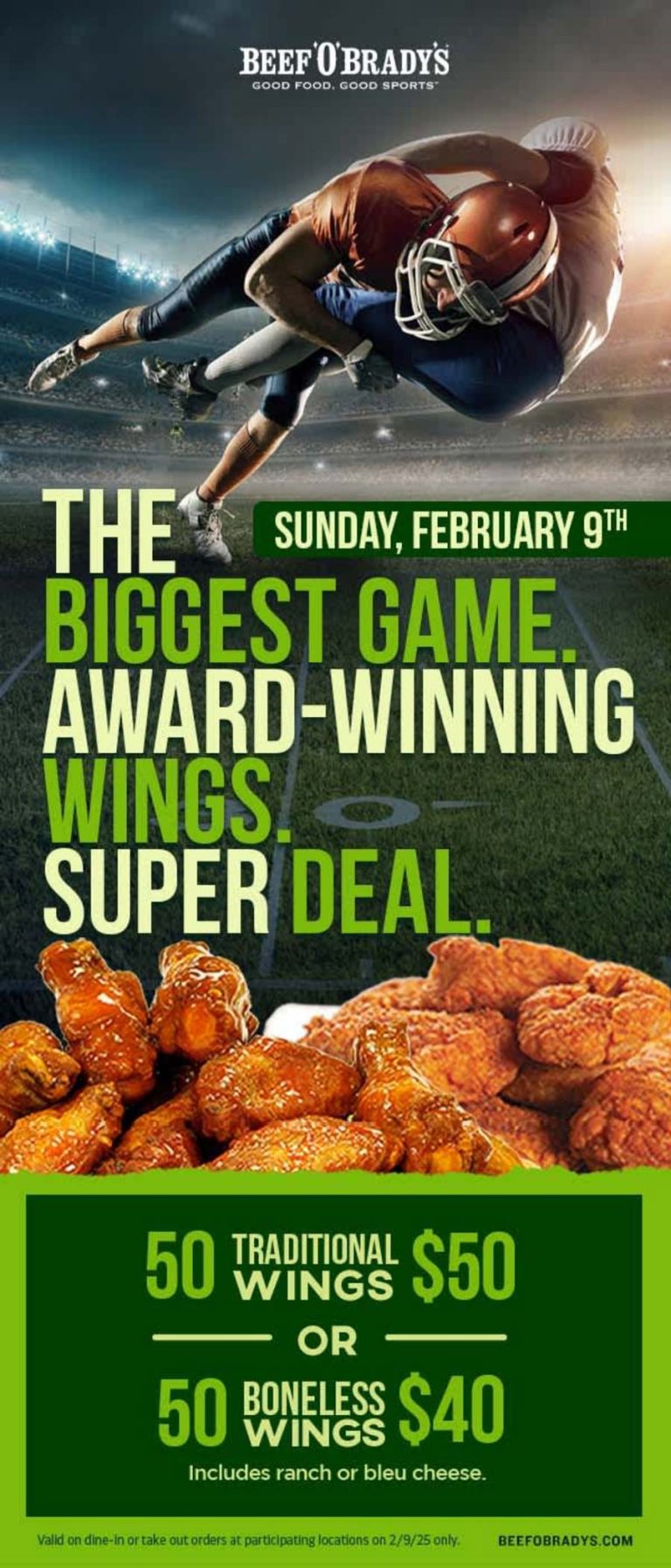 50 wings = $50 Monday at Beef OBradys restaurants