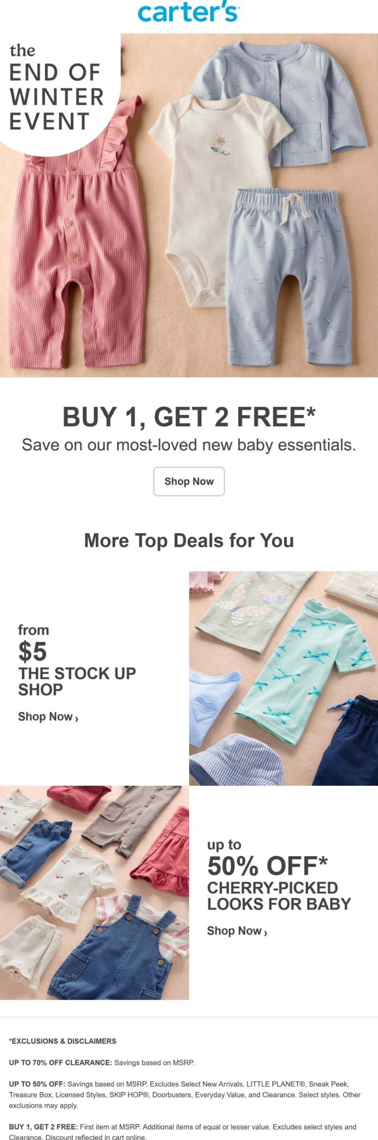 3-for-1 on kids clothes at Carters
