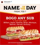 Various first names score a second sub sandwich free today at Firehouse Subs #firehousesubs