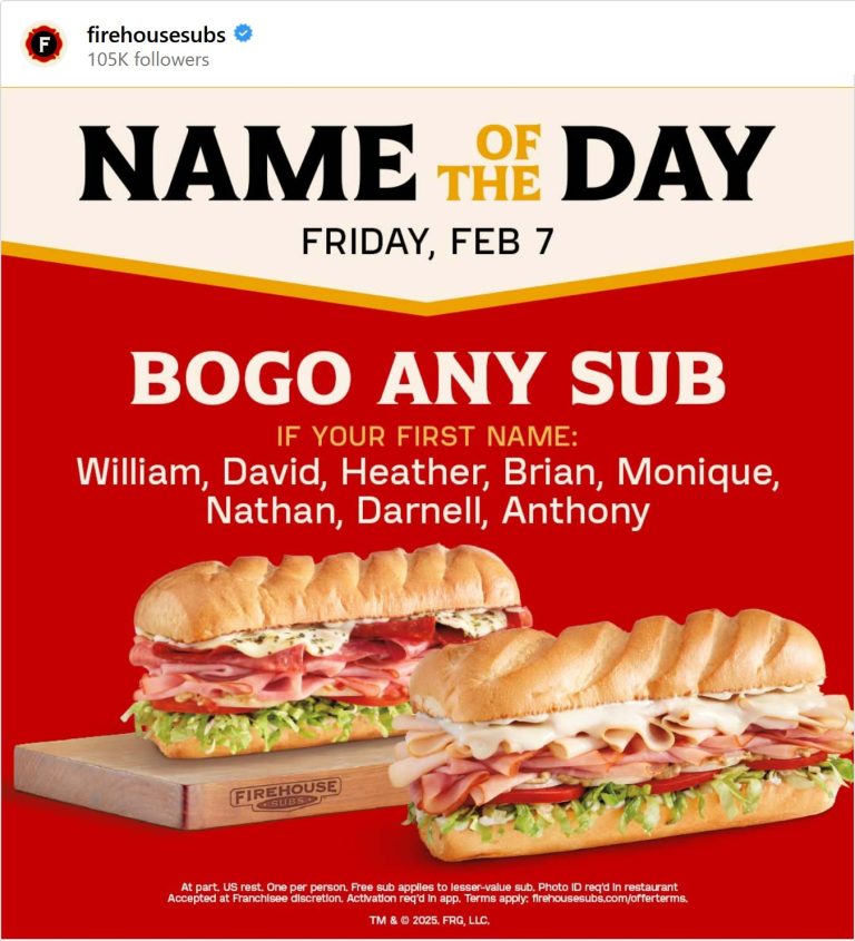 Various first names score a second sub sandwich free today at Firehouse Subs