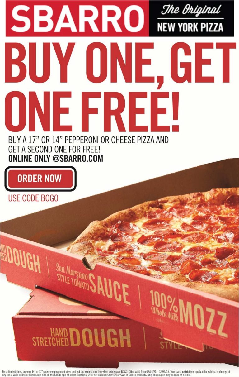 Second pizza free at Sbarro via promo code BOGO