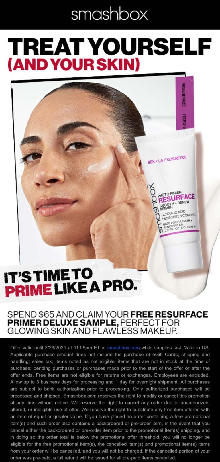 Free primer on $65 at Smashbox cosmetics