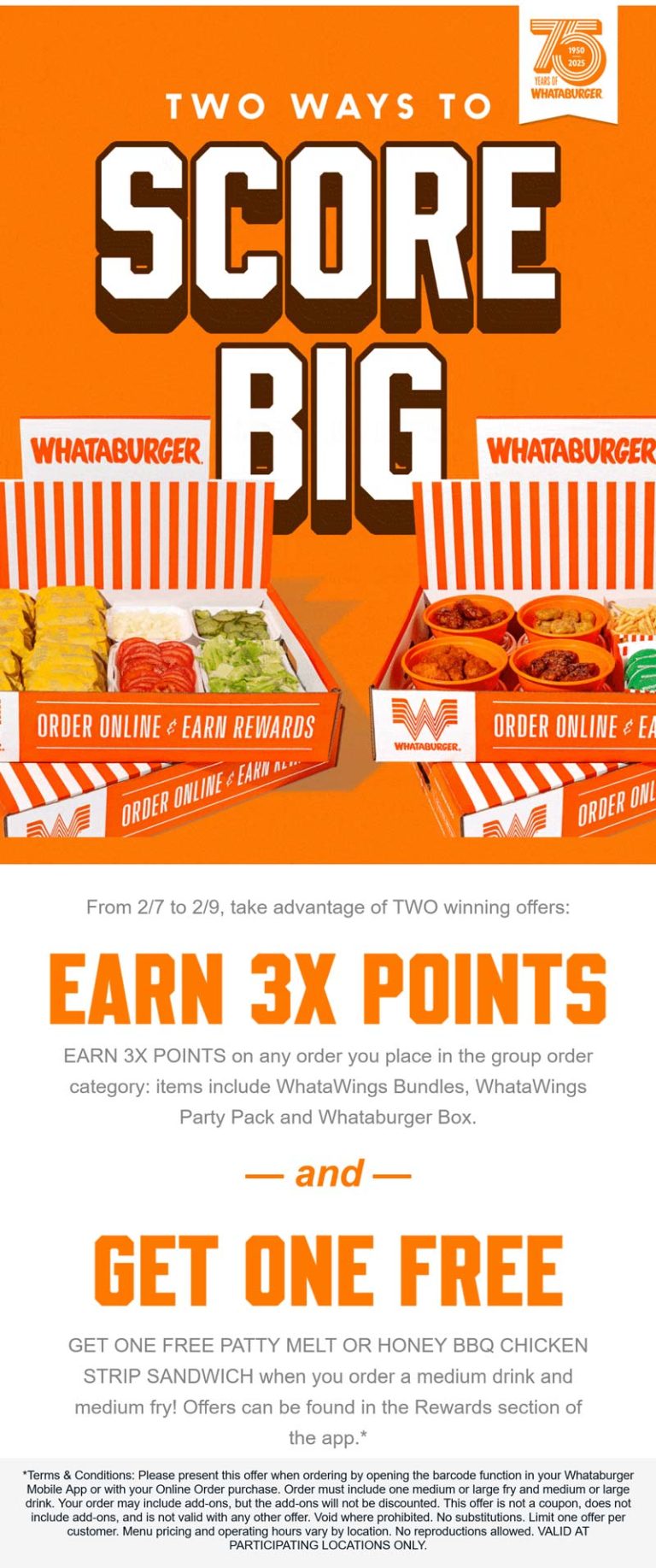 Free patty melt or chicken sandwich with your drink & fries via login at Whataburger