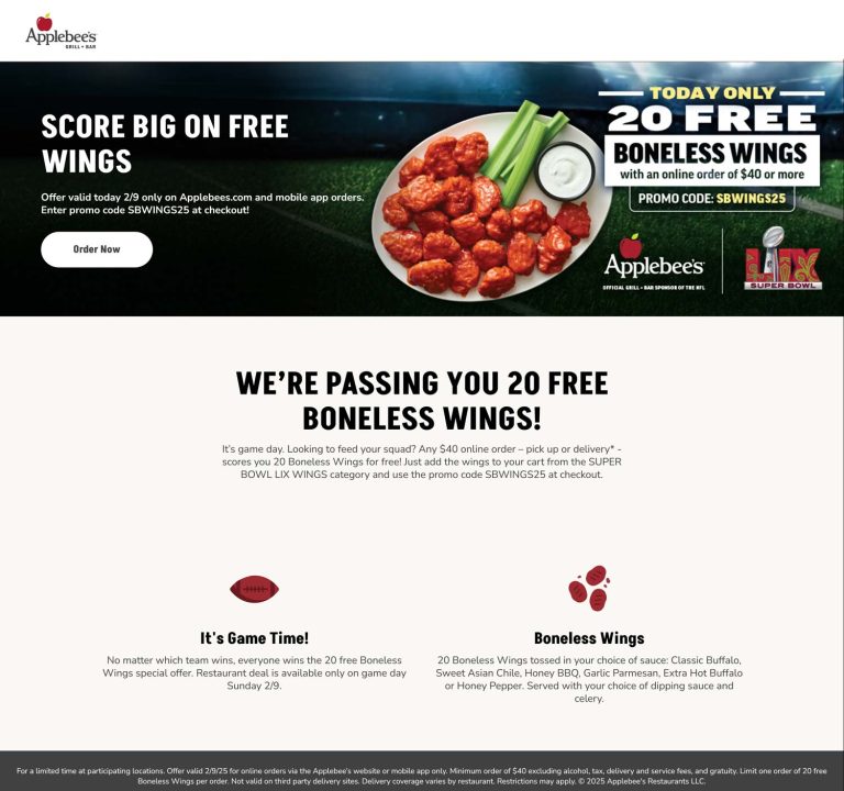 20 free boneless chicken wings on $40+ today at Applebees via promo code SBWINGS25