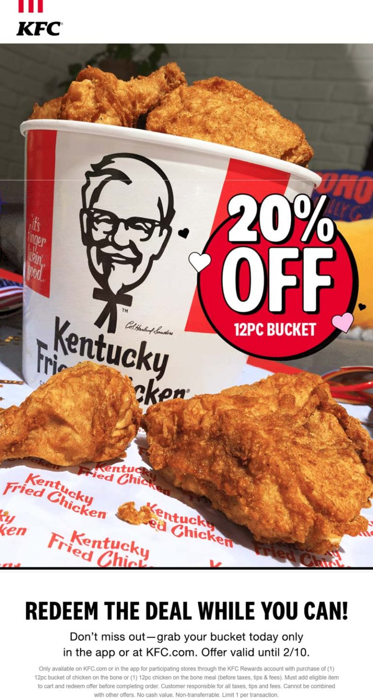 20% off 12pc chicken bucket via login at KFC