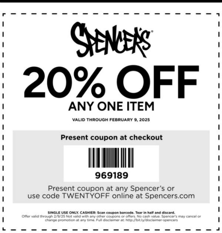 20% off a single item at Spencers, or online via promo code TWENTYOFF