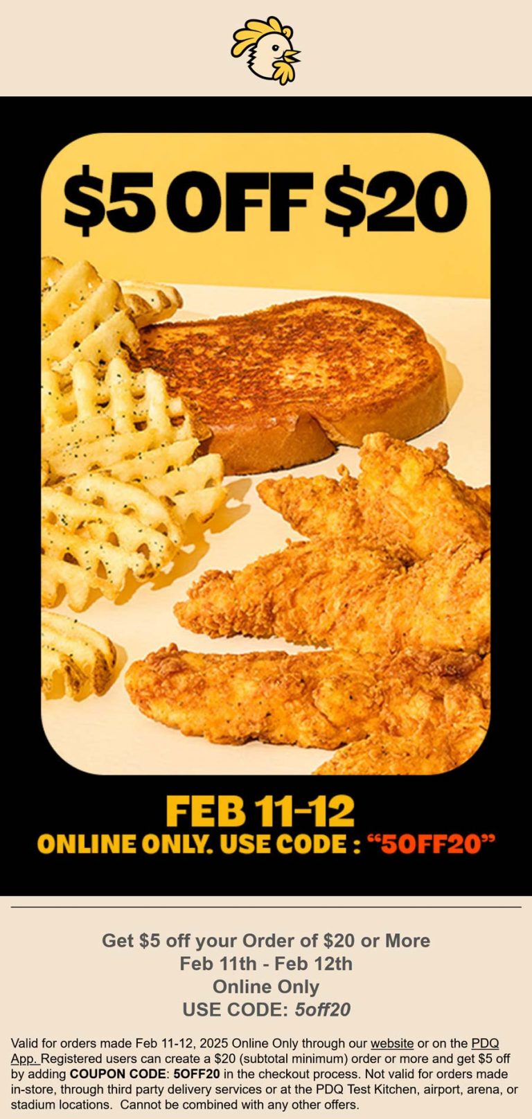 $5 off $20 at PDQ Chicken via promo code 5off20