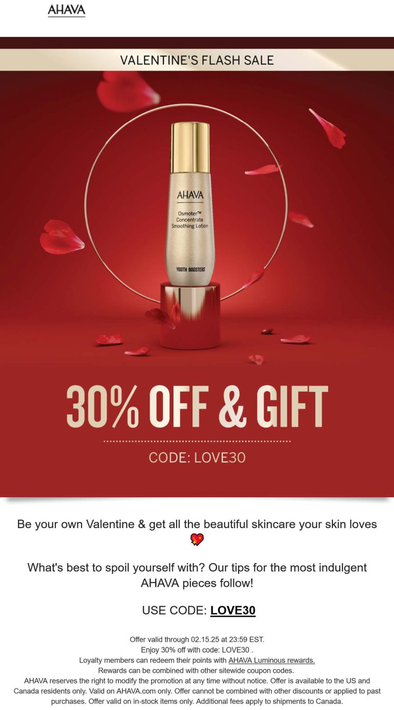 30% off + free gift at AHAVA via promo code LOVE30