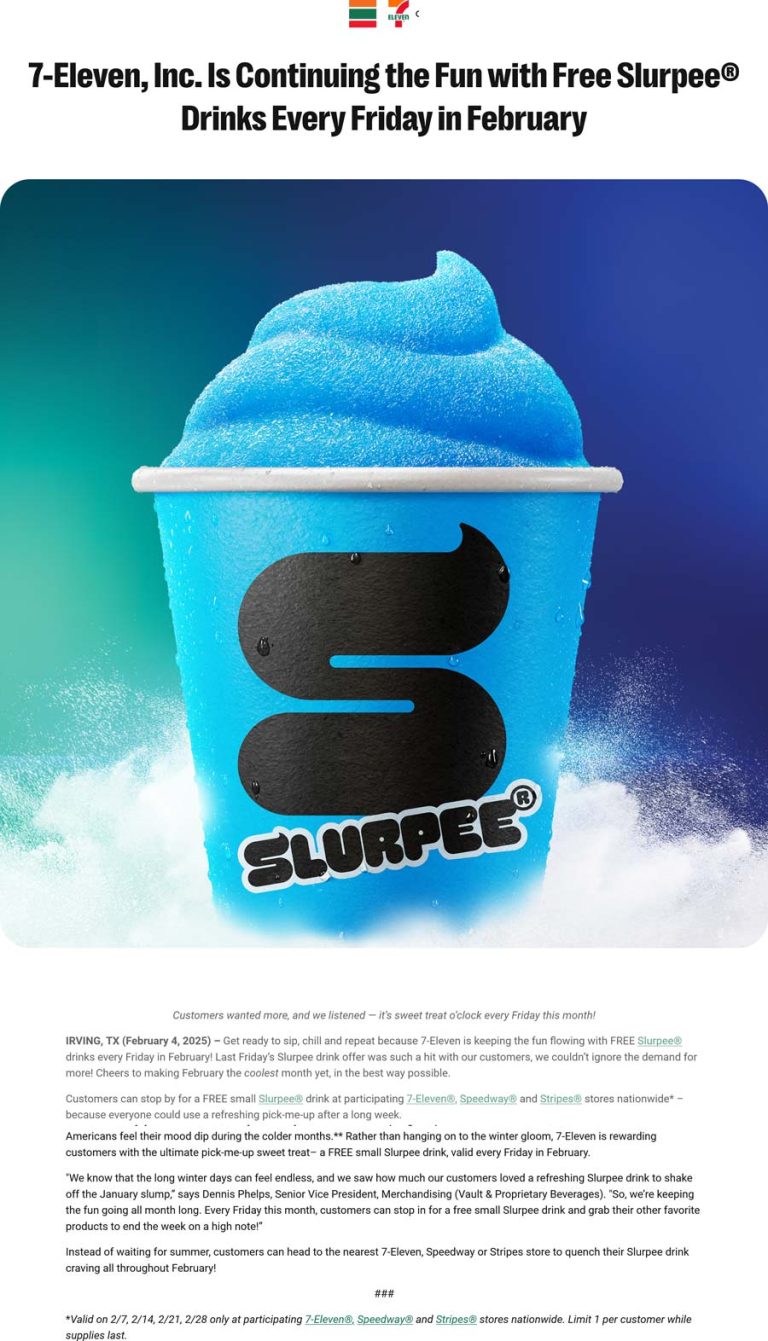 Free slurpee drinks every Friday this month at 7-Eleven