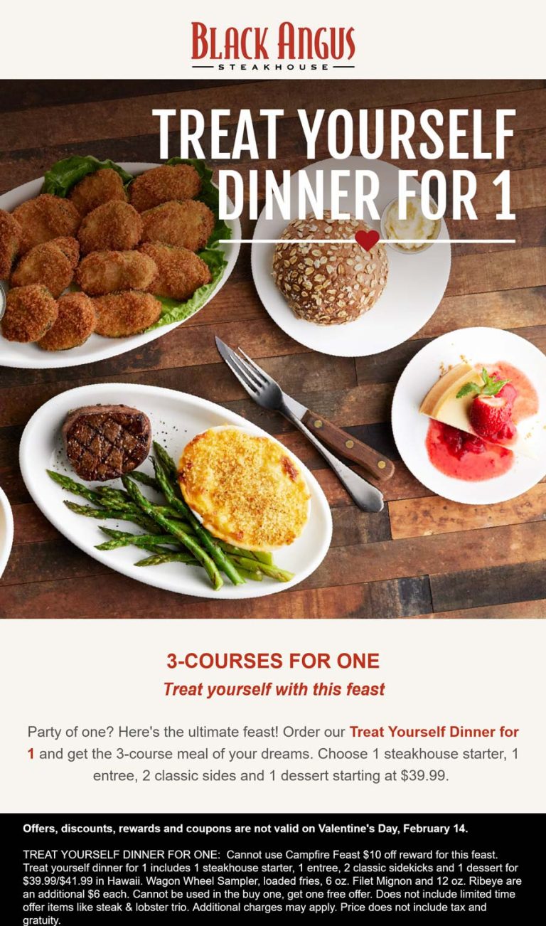 Appetizer + entree + 2 sides + dessert = $40 at Black Angus steakhouse