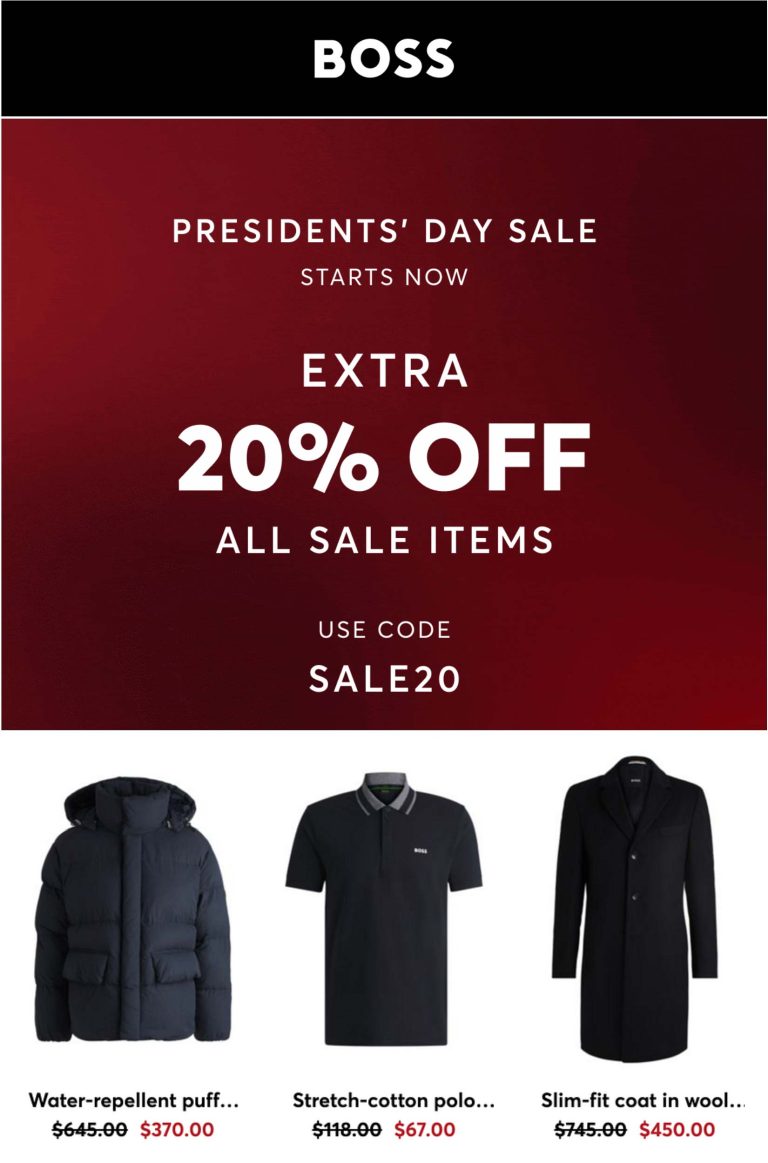Extra 20% off sale items at BOSS via promo code SALE20