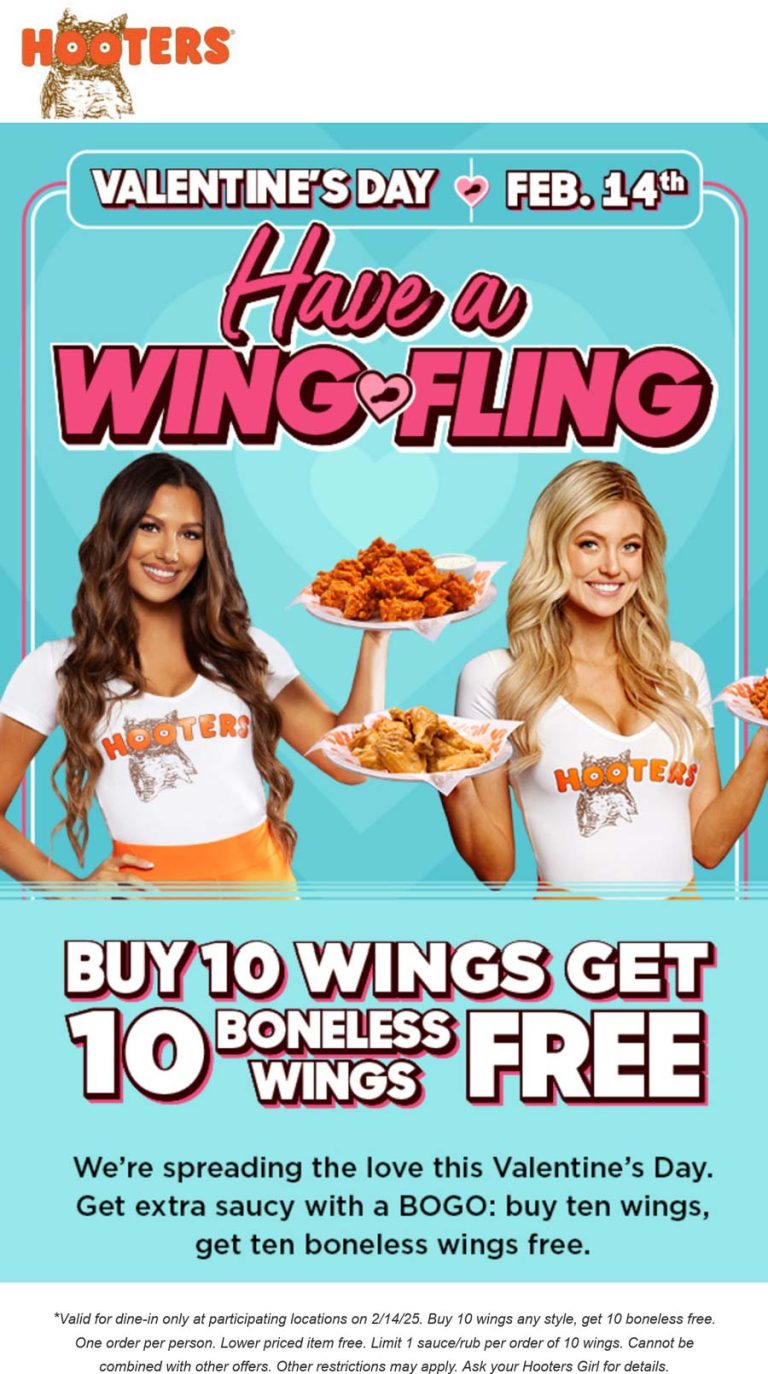 Second 10pc chicken wings free Friday at Hooters
