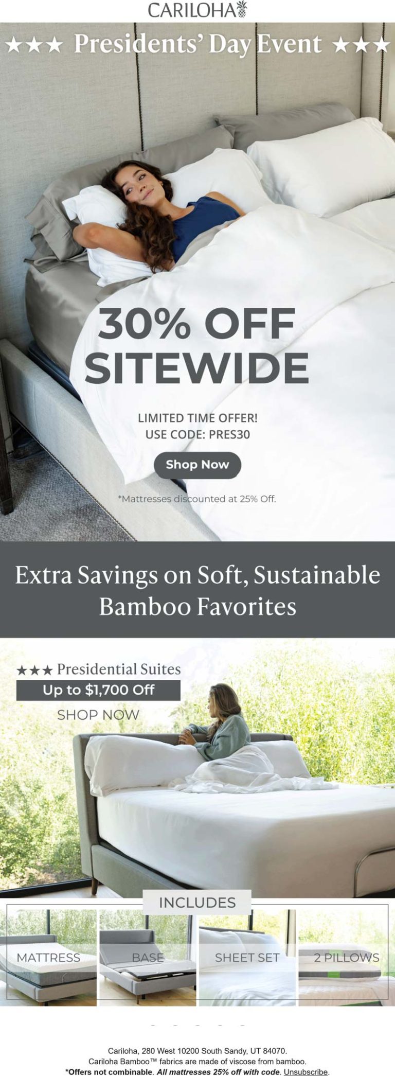 30% off everything online at Cariloha via promo code PRES30