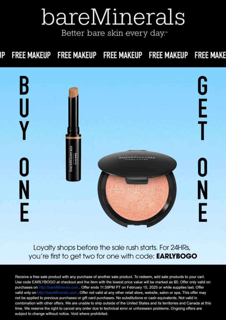 Second item free online today at bareMinerals via promo code EARLYBOGO