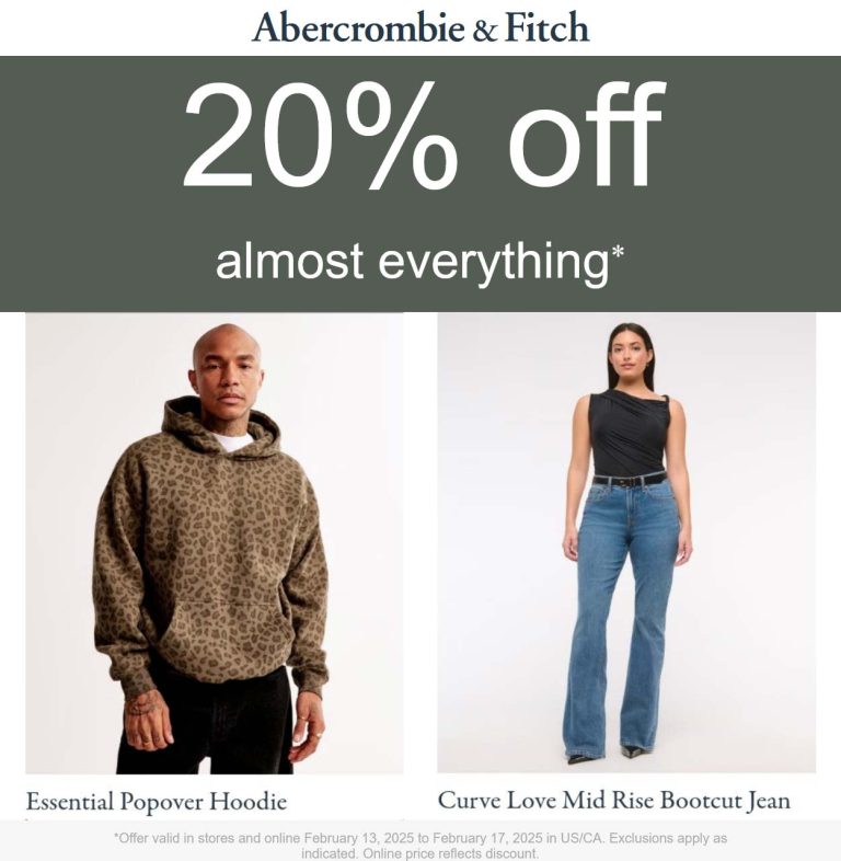 Abercrombie & Fitch coupon: 20% off at Abercrombie & Fitch, ditto online