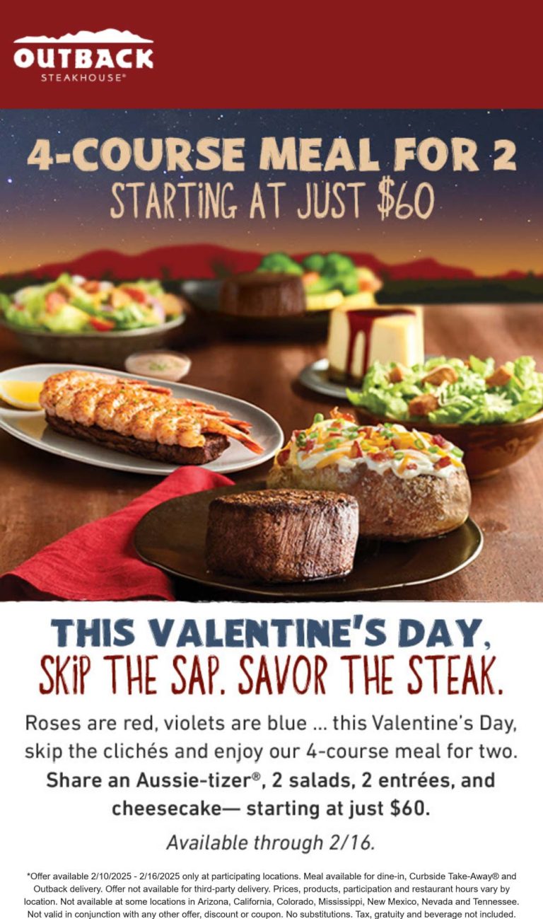 Appetizer + 2 salads + 2 entrees + cheesecake = $60 today at Outback Steakhouse
