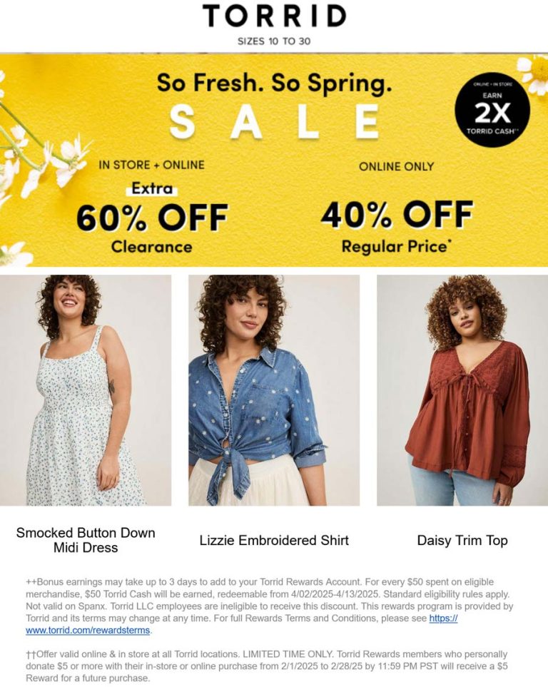 Extra 60% off clearance & more at Torrid, ditto online