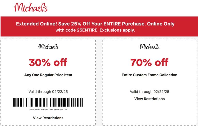 30% off a single item at Michaels, or 25% everything online via promo 25ENTIRE