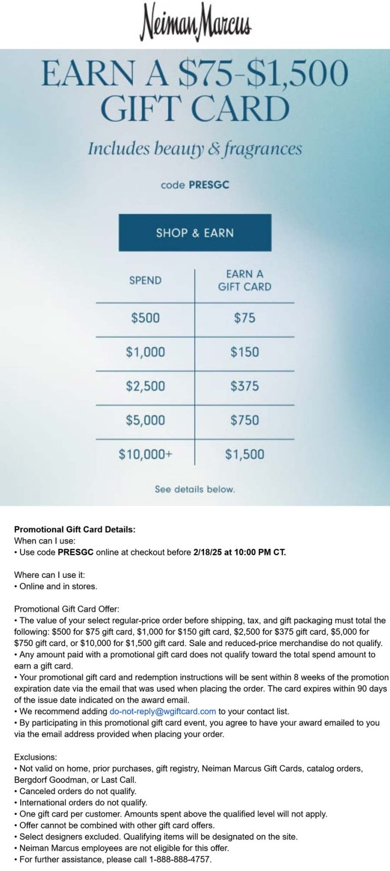 $75-$1500 card on $500+ today at Neiman Marcus via promo code PRESGC