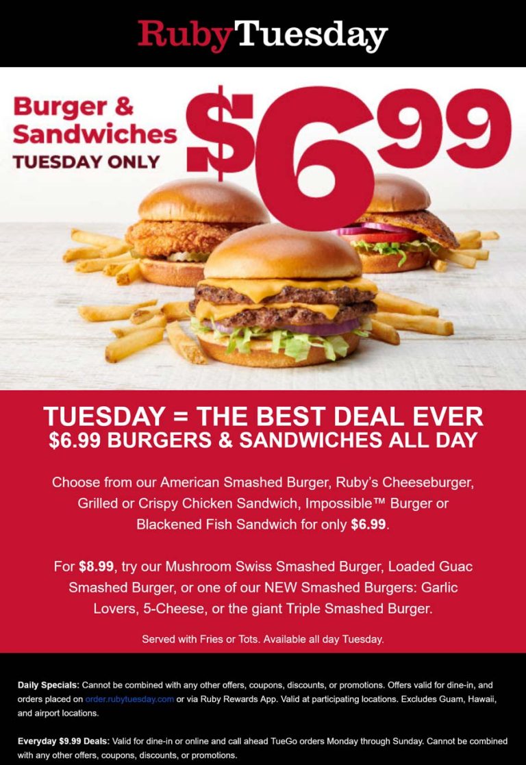 $7 burgers & sandwiches + fries today at Ruby Tuesday