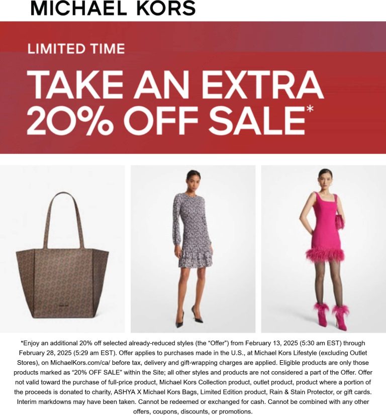 Extra 20% off sale items at Michael Kors, ditto online