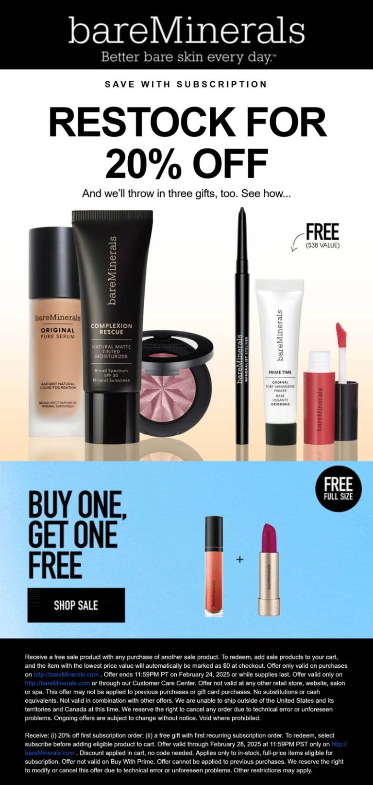 Second sale item free + 20% off at bareMinerals