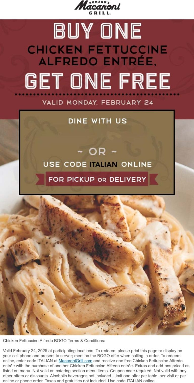 Second fettuccine alfredo free today at Macaroni Grill restaurants